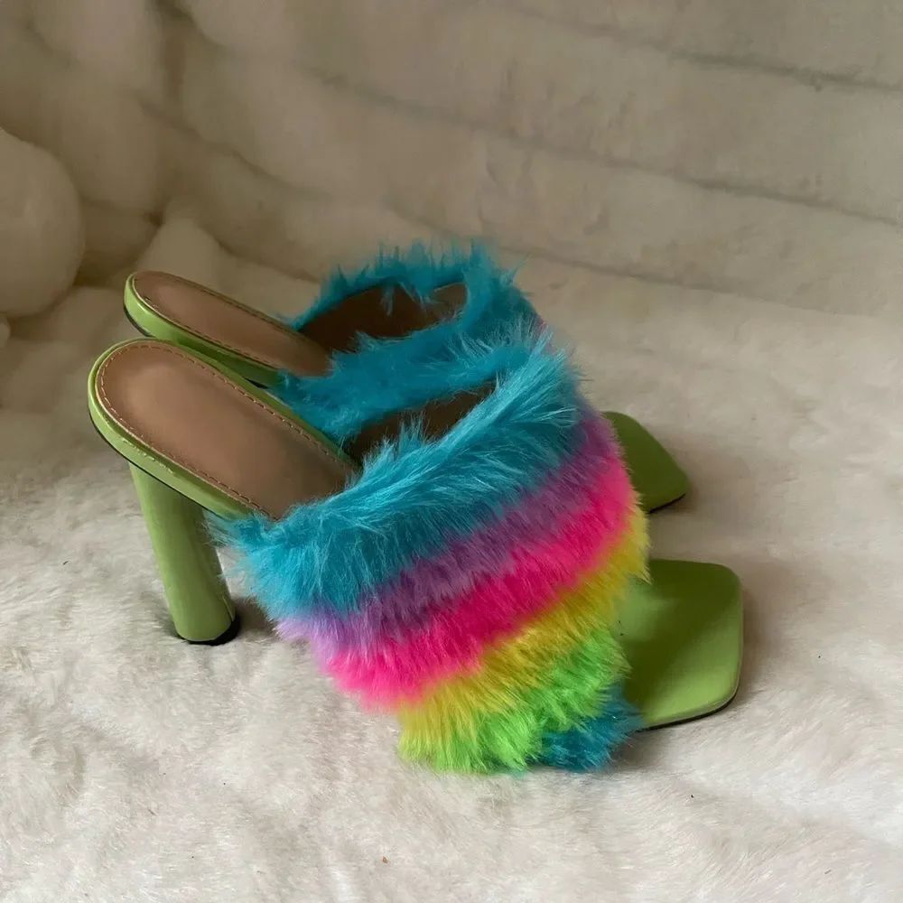 Green with multi color furry slip on heels sandals square toe EUR size 42